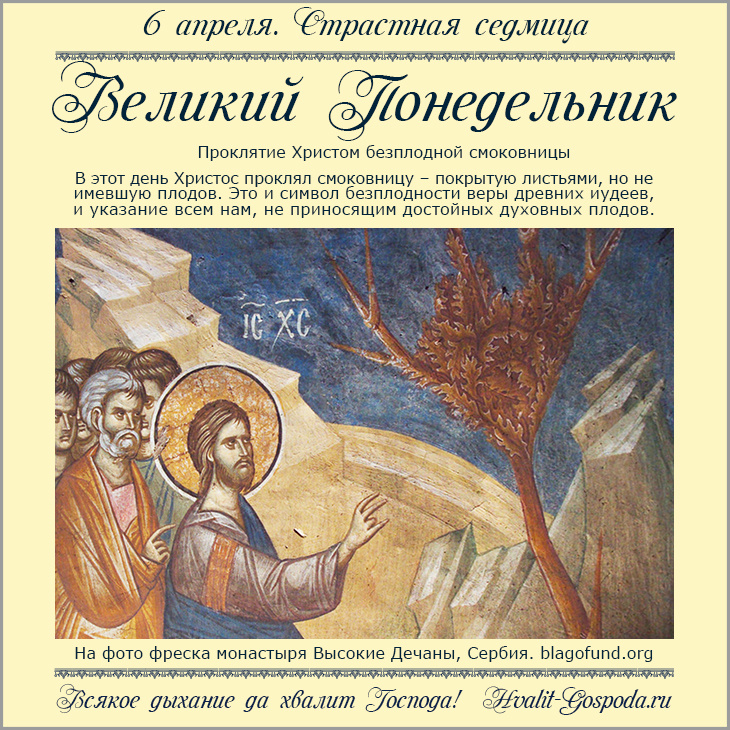 6 апреля 2026 года. Великий Понедельник. Проклятие Христом безплодной смоковницы.