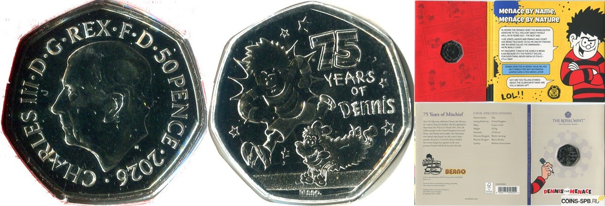 Великобритания p50 пенсов 2026 — 75 лет британскому комиксу «Dennis the Menace and Gnasher» («Деннис Угроза и Гнашер») на сайте COINS-SPB.RU