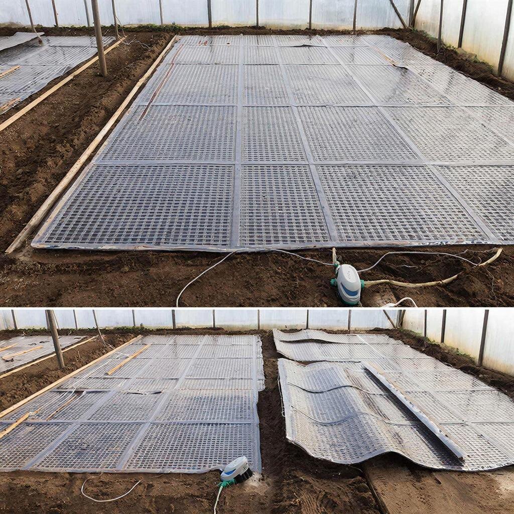Фото электрических матов в развёрнутом виде или уже уложенных в теплице перед засыпкой грунтом. Иллюстрация автора.