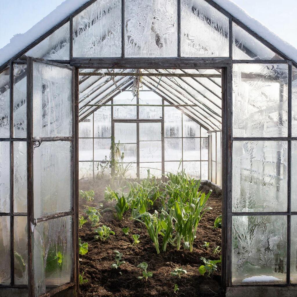Теплица зимой/ранней весной снаружи (снег, мороз) и изнутри (зелёная рассада на прогретой почве) — контраст «снаружи — внутри. Иллюстрация автора.