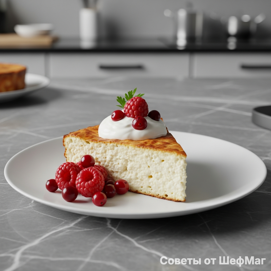 Королевский ломтик запеканки с каплей густой фермерской сметаны на мраморном столе.