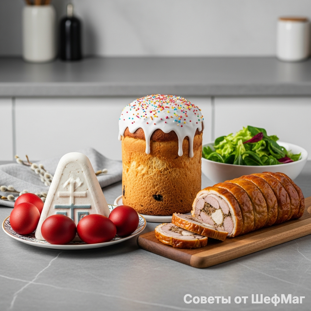 Пасхальный стол в деталях: кулич, пасха, крашенки и мясные деликатесы.