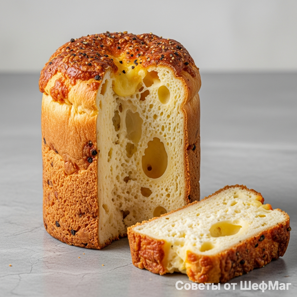 Золотистый срез итальянского сырного кулича с вкраплениями плавленого Пекорино.