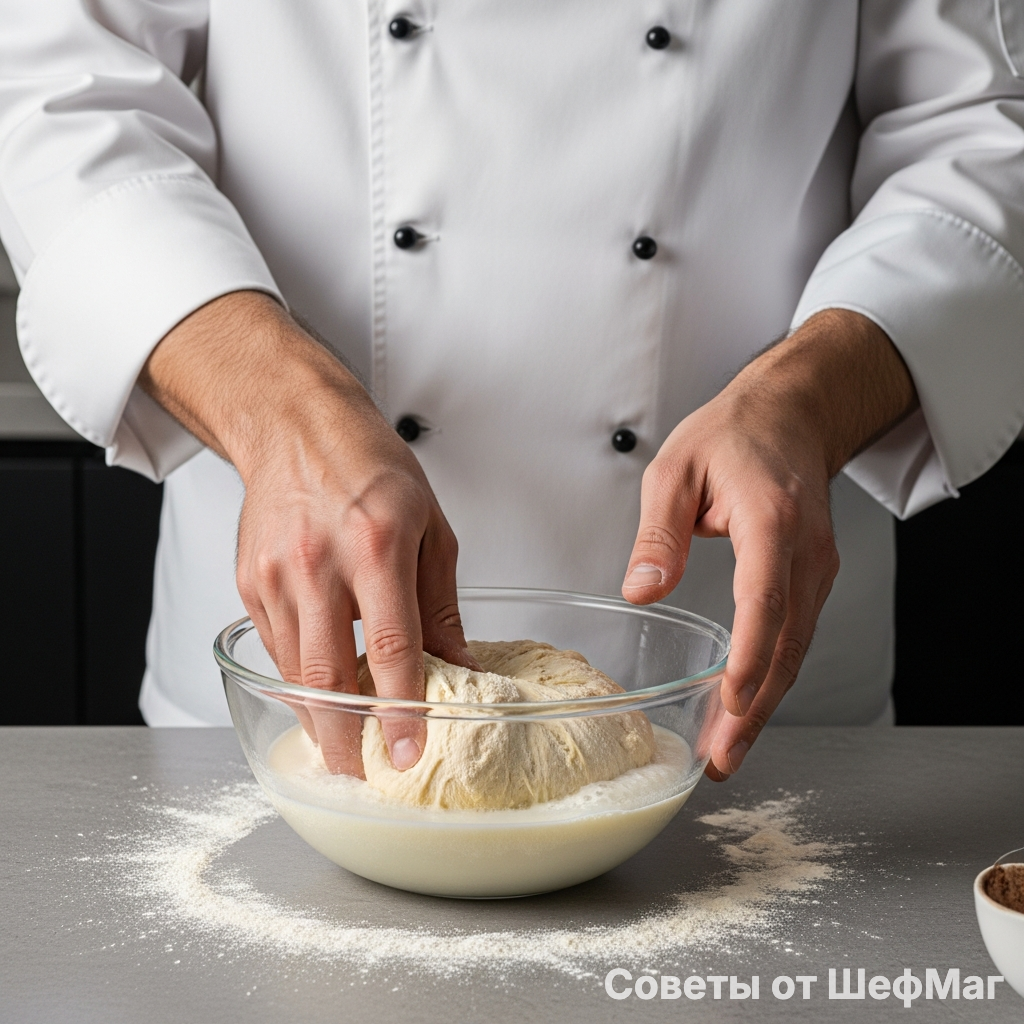Руки мастера замешивают опару: внимание к каждой детали текстуры.