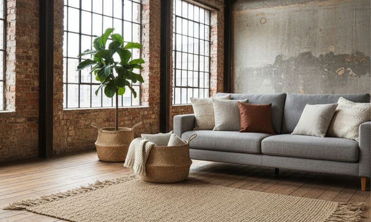 Грубый кирпич, бетон, металлические балки — и рядом тёплый, фактурный джут. Этот контраст — главный секрет жилого лофта. Ковёр из джута и плетёная корзина добавляют пространству мягкость и уют, не нарушая индустриальной эстетики.