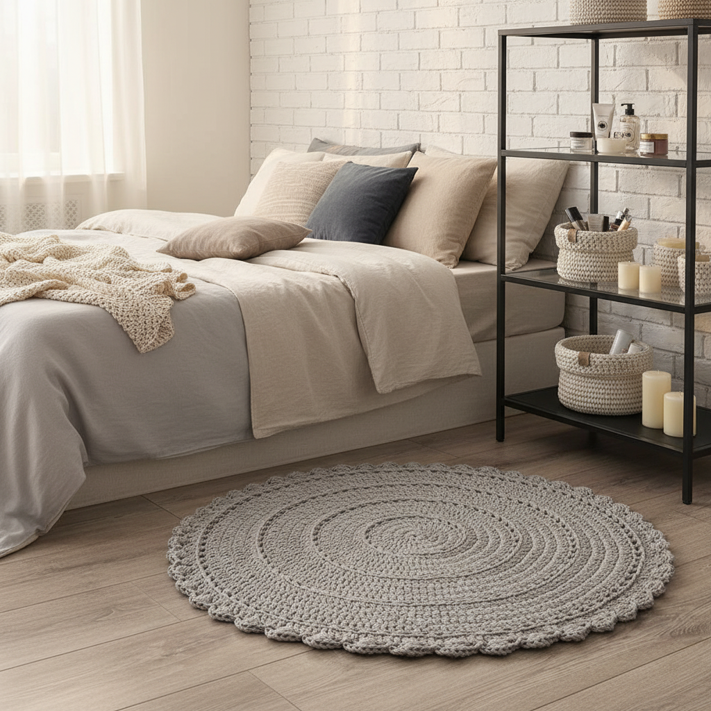 Хлопок не кричит о себе. Он просто делает комнату теплее, мягче, уютнее. Ковёр у кровати — чтобы ногам было приятно. Корзины на стеллаже — чтобы порядок был красивым.