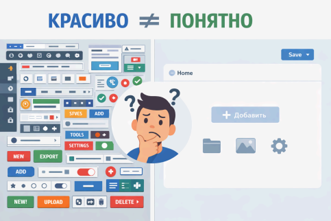 Контраст между сложным интерфейсом и простым, интуитивным. Иконка растерянного пользователя между ними. 
