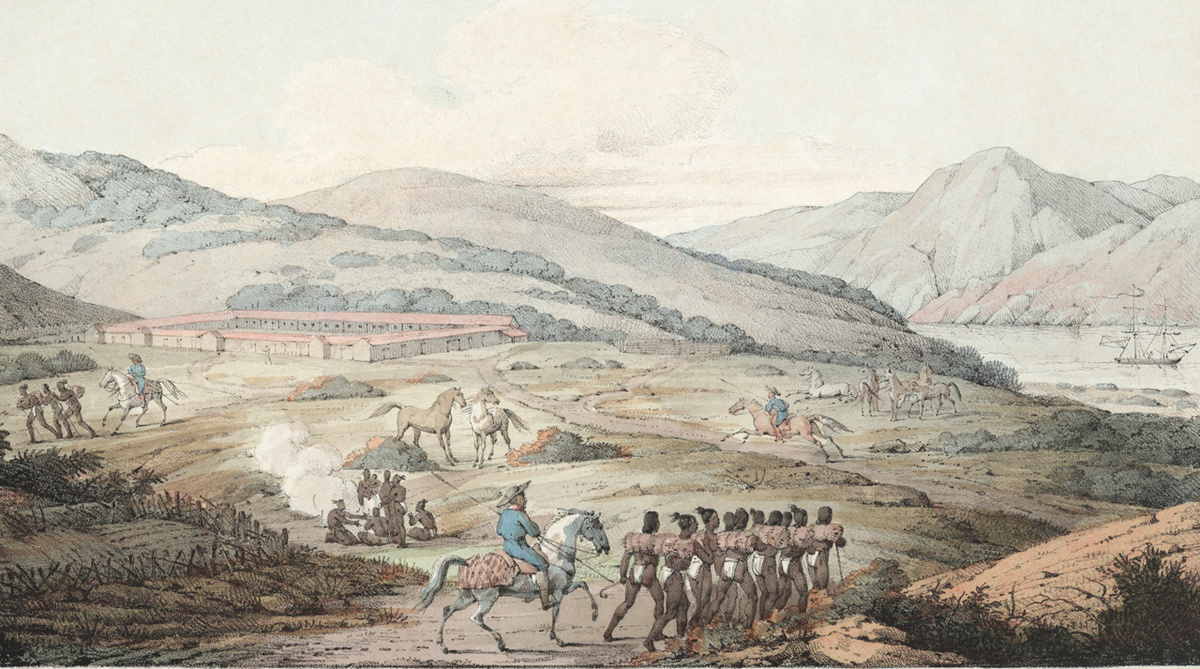 Вид на испанский колониальный Пресидио в Сан-Франциско и Золотые Ворота.