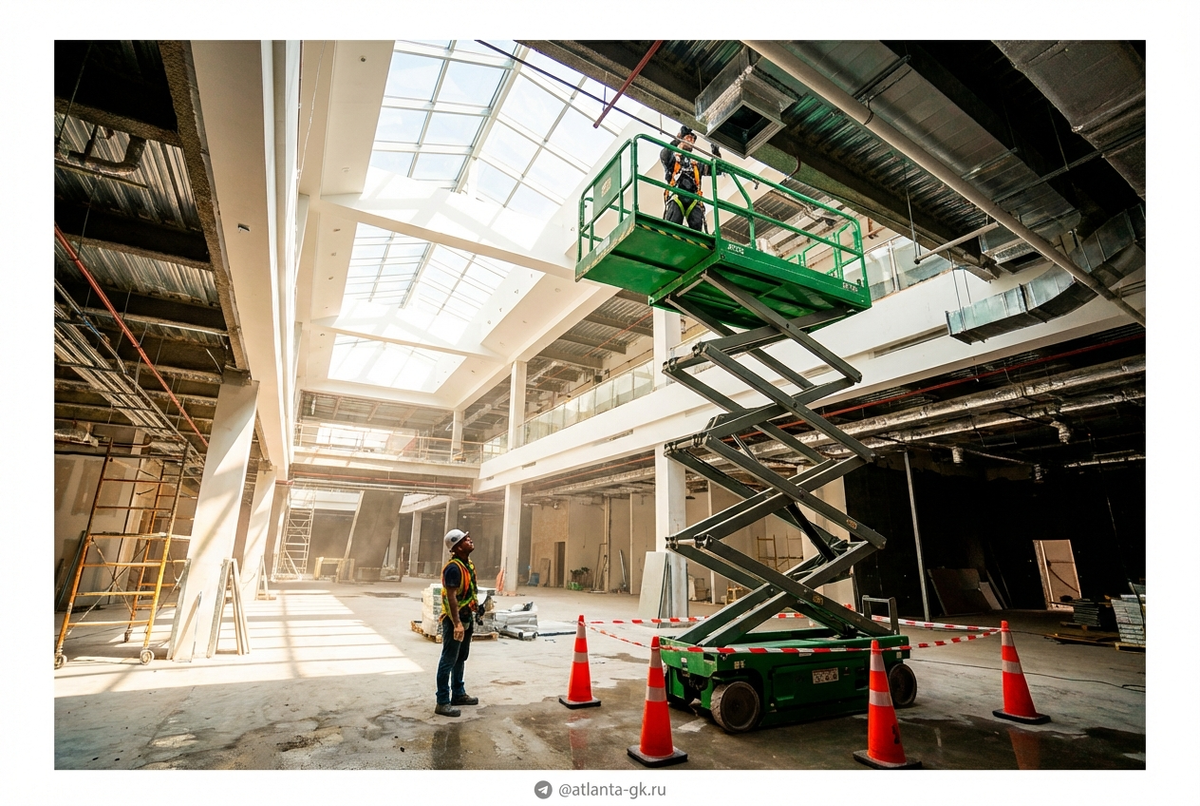    Ножничный подъемник, обеспечивающий безопасность и организацию труда в закрытых помещениях. Atlanta-gk