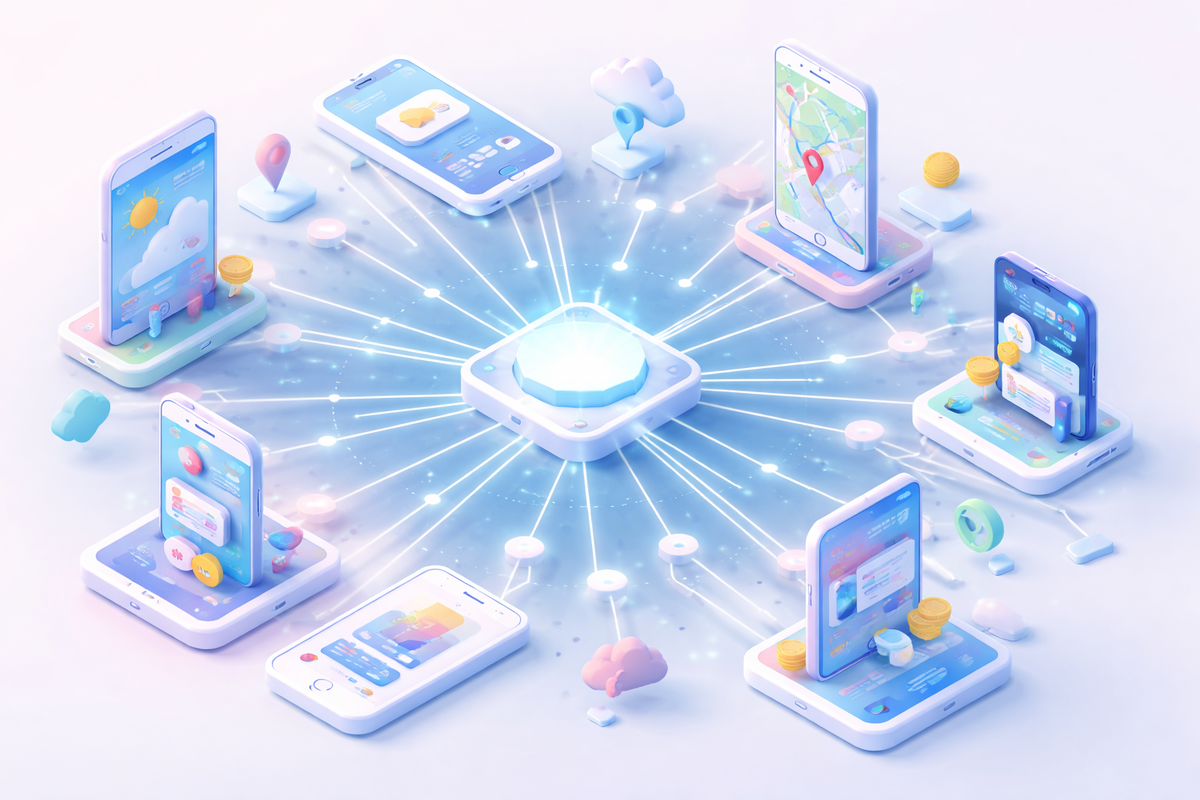 Связь приложений через API — визуализация того, что такое API простыми словами и как сервисы обмениваются данными.