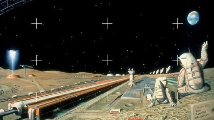 Изображение лунной катапульты, созданное космической художницей Пэт Роулингс и опубликованное Институтом лунных и планетарных исследований в 1985 году. Источник: LPI
