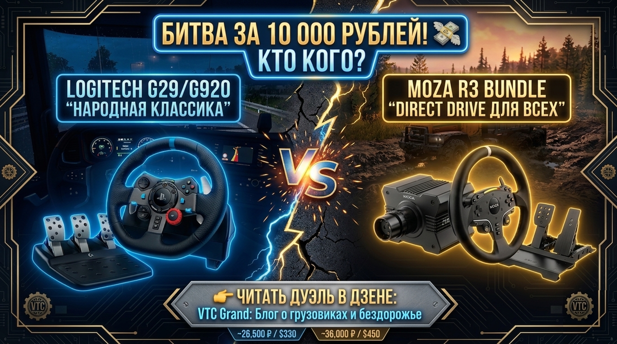 Комплексный разбор: стоит ли переплачивать за технологии в 2026 году? Технический концепт-арт VTC Grand (AI). Сравнительная визуализация игровых рулей Logitech и Moza для симуляторов.