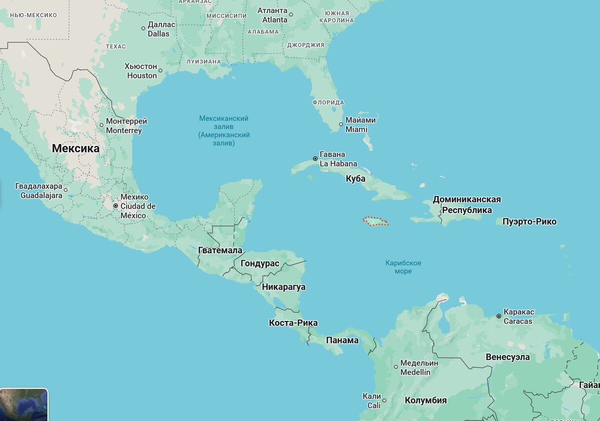 Скрин с гугло карт. Ямайка отмечена пунктирным контуром. Привела в таком масштабе, чтобы понятно было, где расположена, и кто соседи.