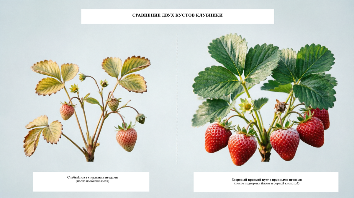 Наглядный результат! Слева — куст после избытка азота (мелкие ягоды, бледные листья). Справа — после подкормки йодом и борной кислотой (крупные ягоды, мощная зелень)