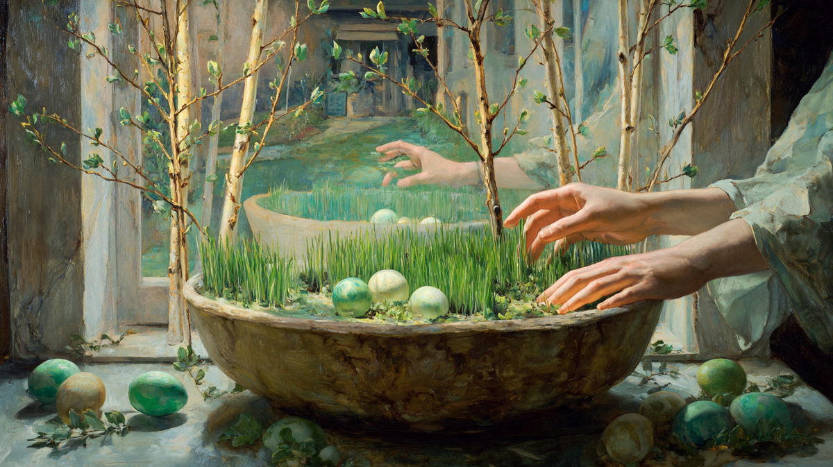 В доме появляется первая зелень — среди молодых ростков лежат зелёные яйца, а берёзовые ветви тянутся к свету. Это не просто традиция, а домашний ритуал пробуждения земли и памяти о предках.