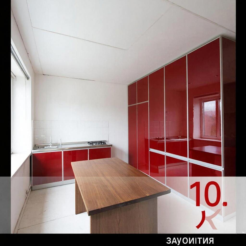 Вот так выглядит кухня с дизайном 2010 году по версии ИИ. Без стульев, техники и со странной расстановкой мебели