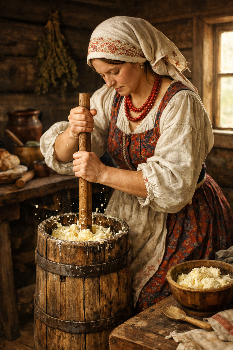 Взбивание масла на Руси 18 век.