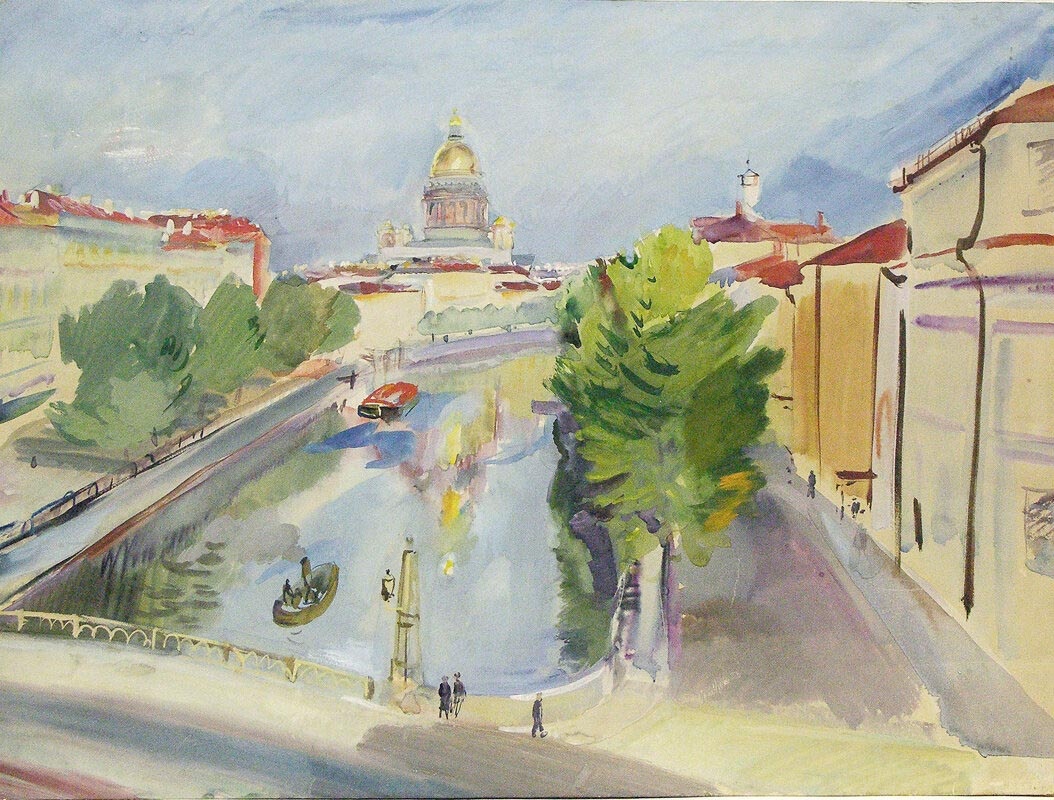 А.А. Успенский. Вид на Исаакиевский собор от Поцелуева моста. 1934 г. Бумага, темпера.