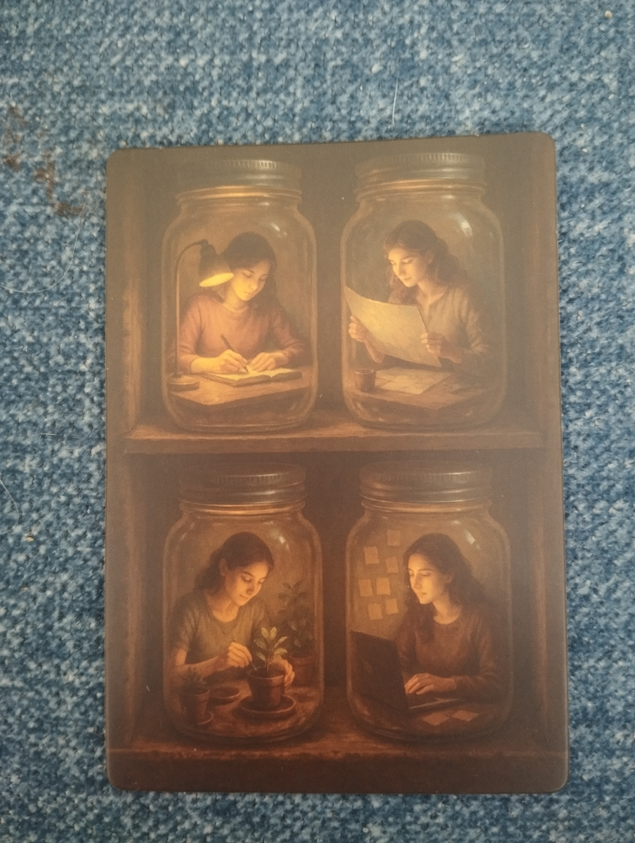  Может это бабушка личность столь многогранная. Девушка вроде одна и та же, только прически разные. Но почему она в банке стеклянной? Как понимать образ сей...