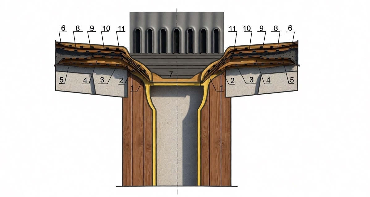 Рис.1 Решение герметизации сопряжения водоотводящей воронки с жб кровельной панелью 1 – зона очистки (пунктир), 2, 4, 9, 11 мастика «Абрин», 3, 5, 8, 10 – армирующие слои стеклоткани, 6 – полимерраствор, 7 – прижимное кольцо.
Внимание! Изоляцию участка соединения фартука водоприемной воронки с водоизоляционным слоем обеспечивают либо за счет приклеивания с помощью мастики, либо за счет уплотнения прижимным кольцом.
