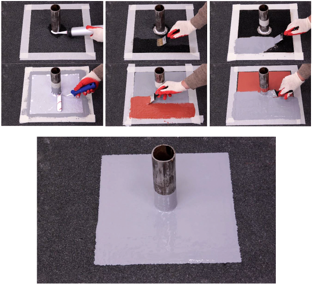 
Рис. 2 Выполнение примыкания водоизоляционного слоя покрытия к холодным трубам из материалов, к которым у мастики имеется адгезия.
