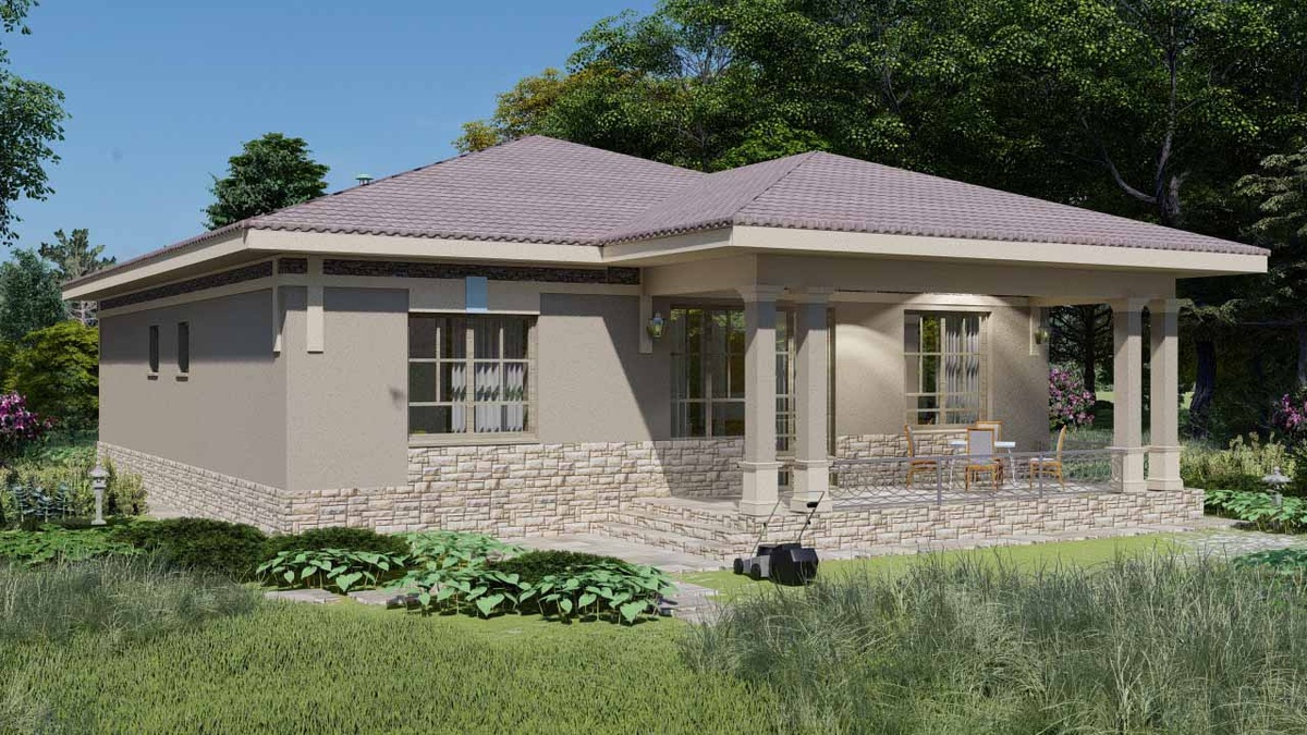 В этом варианте спереди дом остался симметричным, а со стороны сада появилась терраса попросторнее, и фасад, утратив симметрию, стал более приватным и более современным.