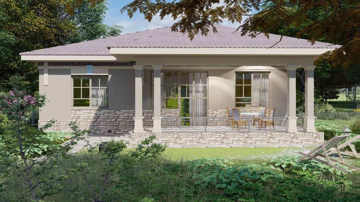 В этом варианте спереди дом остался симметричным, а со стороны сада появилась терраса попросторнее, и фасад, утратив симметрию, стал более приватным и более современным.