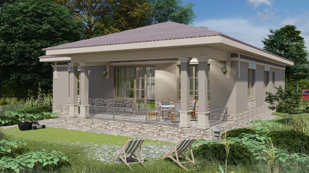 В этом варианте спереди дом остался симметричным, а со стороны сада появилась терраса попросторнее, и фасад, утратив симметрию, стал более приватным и более современным.