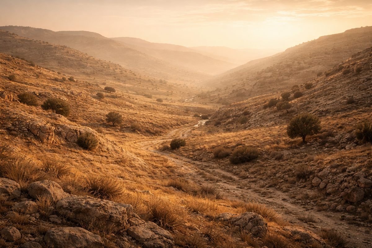 Гехинном как древняя сухая долина у Иерусалима в тёплом закатном свете.