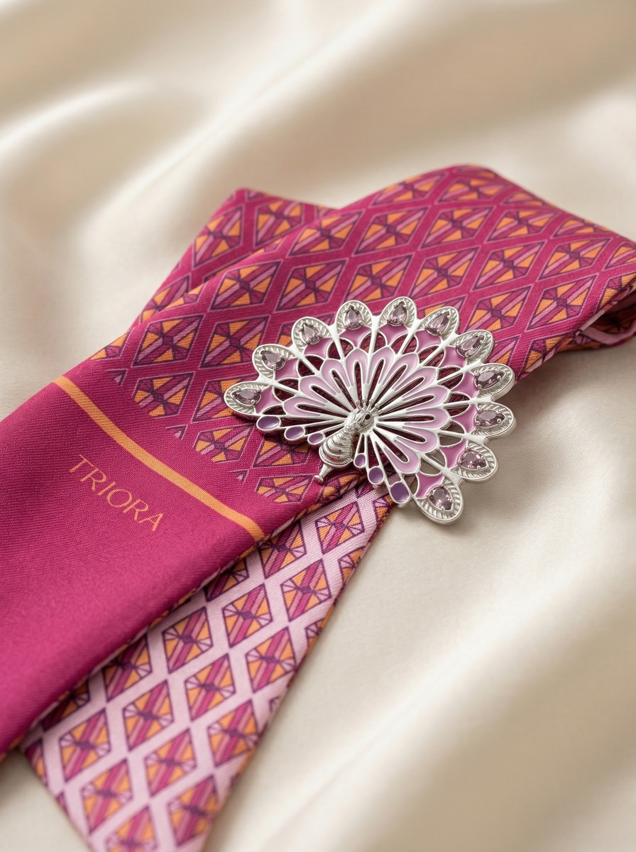 Бренд TRIORA, коллекция Индия: натуральный кощачий глаз, шёлковый шарфик Твилли и дизайнерская брошь "Павлин"