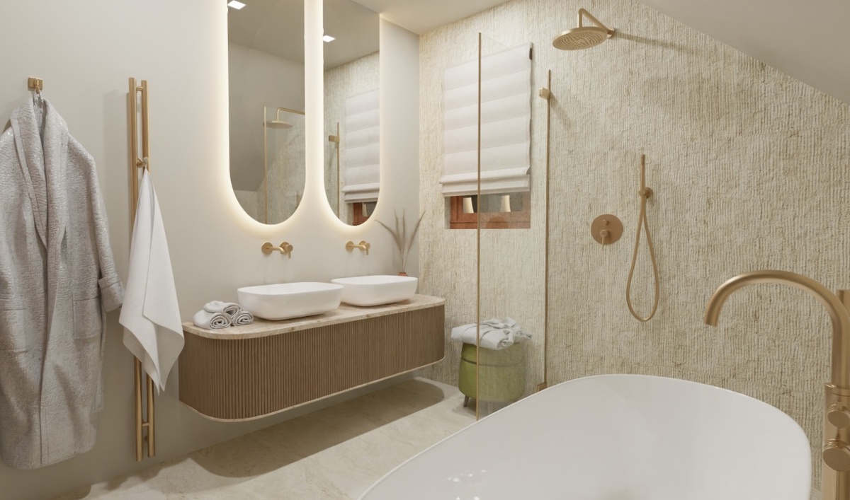 дизайн современной ванной комнаты с плиткой под травертин