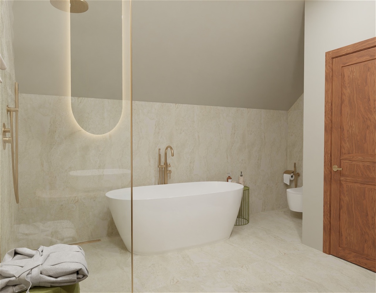 дизайн современной ванной комнаты с плиткой под травертин