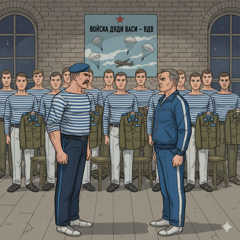 У нас нет больных, товарищ майор. Есть живые и мертвые, больных и косящих нет. Предпрыжковая подготовка с табуреток закончена. Взвод, отбой. Картинка ии, создана по описанию автора.