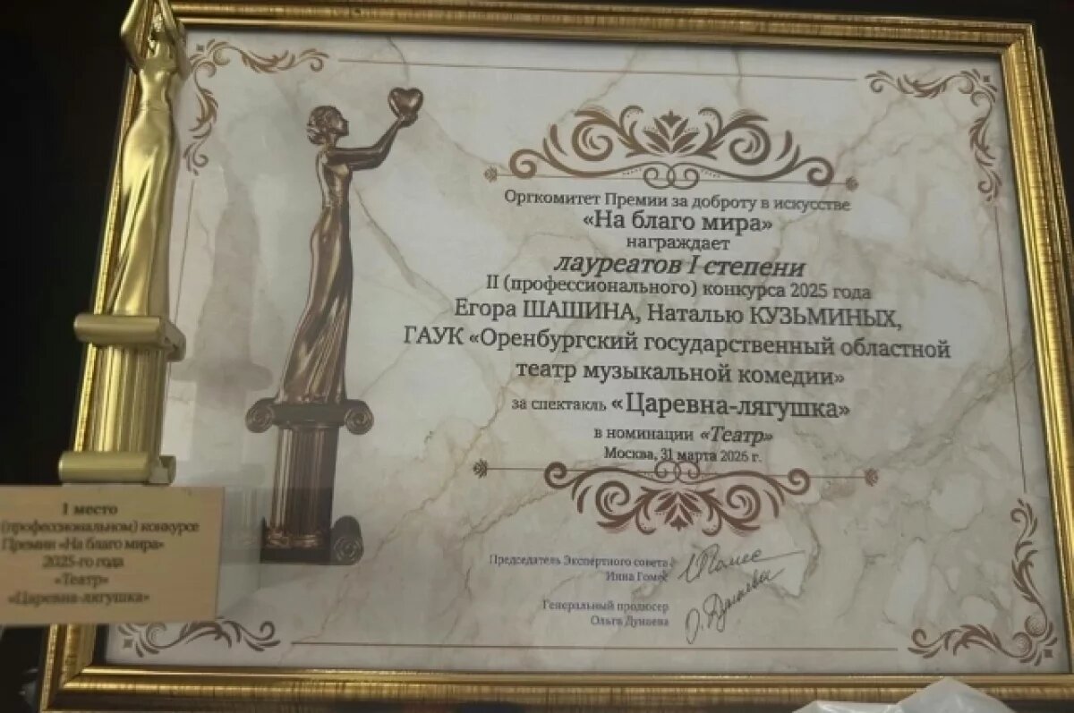   Оренбургской музкомедии вручили престижную награду за доброту в искусстве