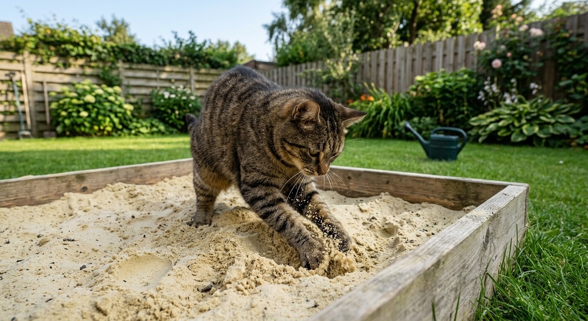Кот, роющийся в песочнице на дачном участке, иллюстрируя проблему с кошачьими 'сюрпризами'
