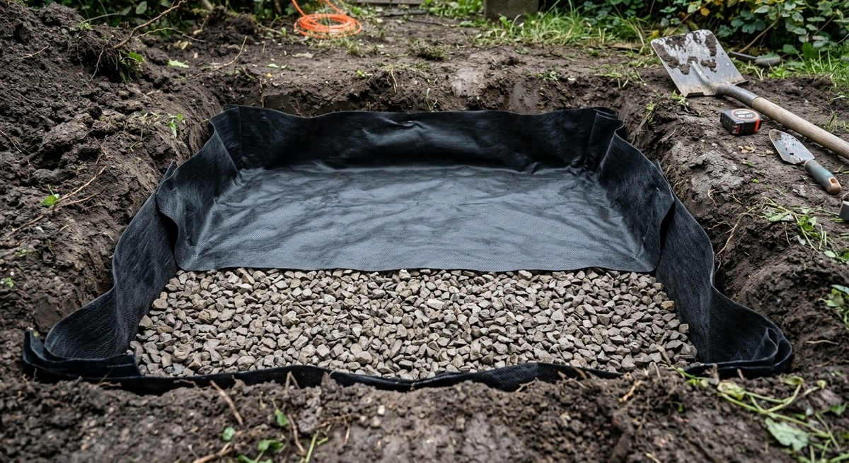 Слой дренажа из щебня и геотекстиля в основании песочницы для предотвращения закисления песка