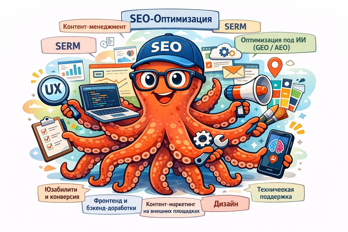 Знакомтесь, это SEO-осьминожка, у него много щупалец, но все они подчиняются одной голове и одной цели.