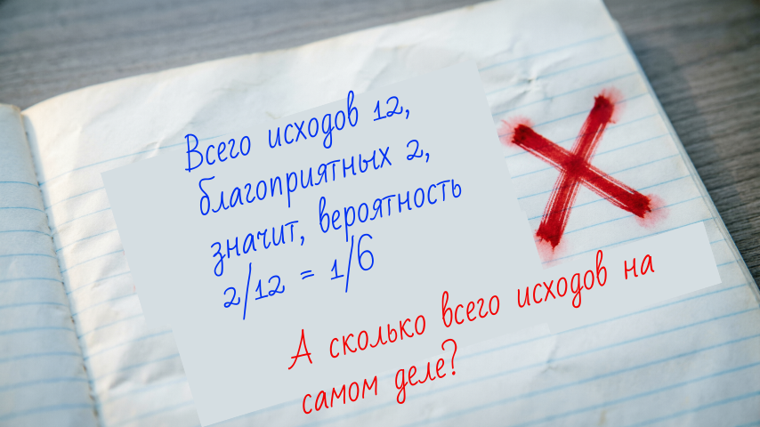 Самая частая ошибка: посчитать, что при двух бросках всего 12 исходов. А их на самом деле 36! Кто не верит — давайте посчитаем вместе.