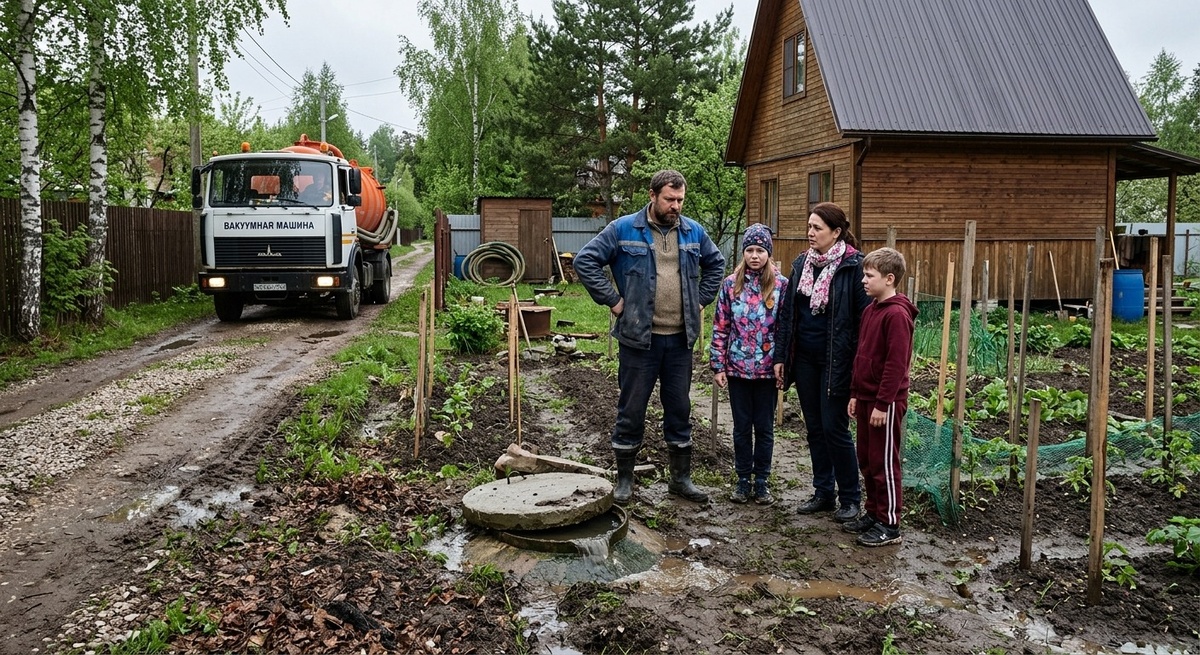 Семья из четырех человек на дачном участке, обеспокоенно смотрящая на заполненный септик