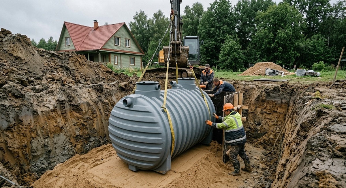 Работники устанавливают биостанцию в сложном глинистом грунте на дачном участке, используя опалубку, якорение и песчаную подушку для надежности.