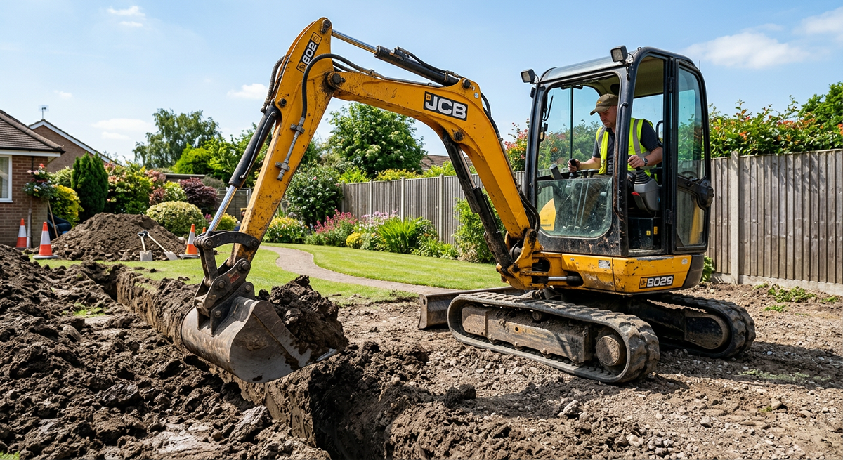 Компактный гусеничный мини-экскаватор в работе: ковш выкапывает землю для траншеи на дачном участке