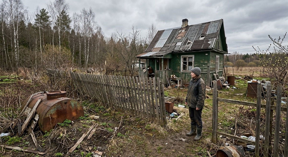 Весенний вид на запущенный дачный участок: покосившийся забор, протекающая крыша старого дома и старый септик, вызывающие тоску у владельца.