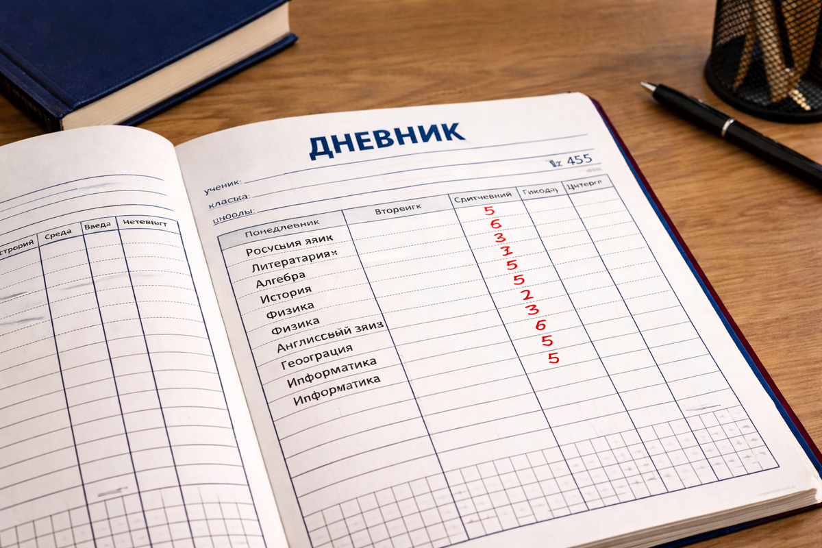 Иллюстрация в исполнении нейросети. Поэтому в дневнике оказались даже шестёрки...