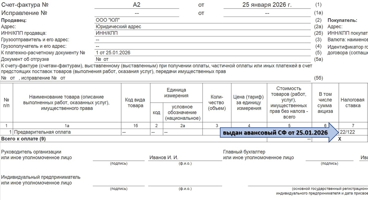 Выдан авансовый СФ→