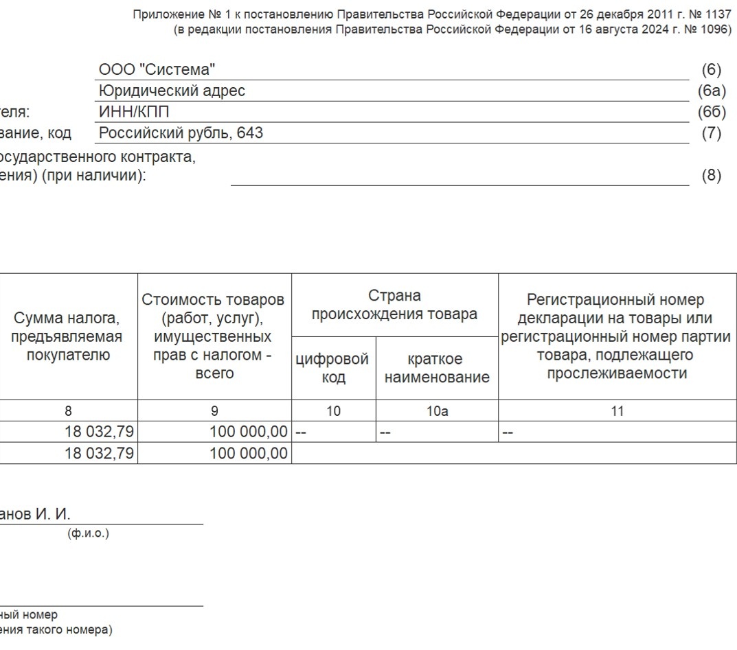 Продолжение авансового СФ