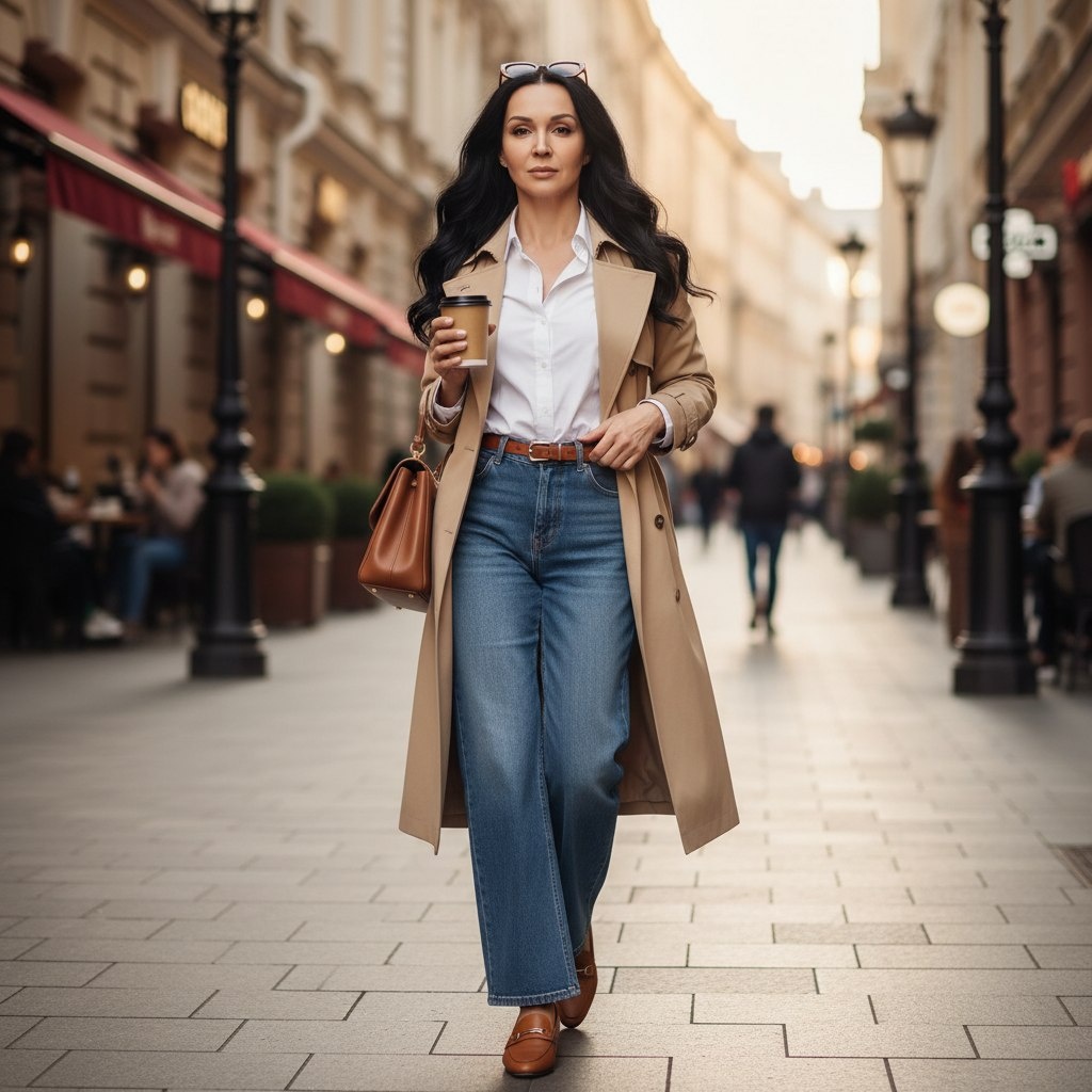 бежевый тренч с поясом, белая рубашка, wide leg джинсы