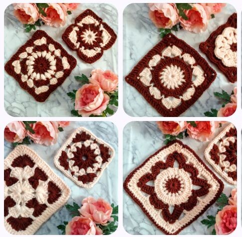 8 квадратных мотивов связанные крючком . Схемы и фото .