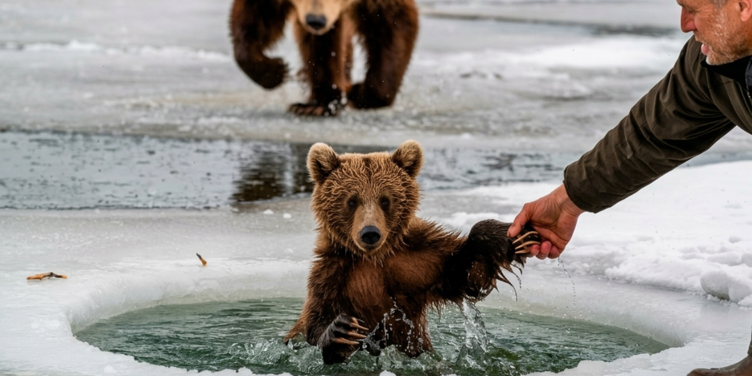 Медвежонок провалился под лед на глазах у старика. Мужчина бросился на помощь, не зная, чем обернется этот поступок