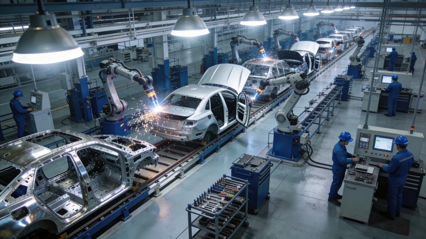 Конвейер производства автомобилей, абстракция, создано с использованием ИИ