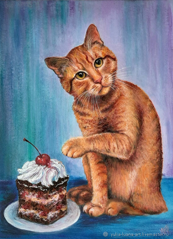 "Кот и тортик". Автор Yulia-luana-art. Источник https://www.livemaster.ru/item/45161520-kartiny-i-panno-kartina-v-rame-kot-i-tortik?linkTo=feedbacks.